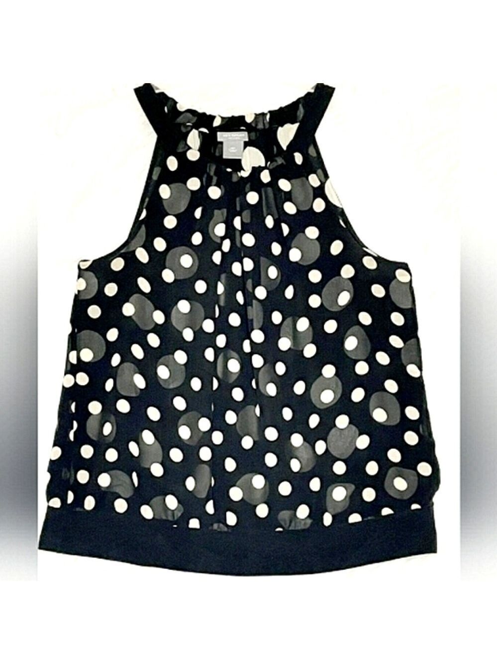 ANN TAYLOR 100% Silk Black & White Polka Dot Sleeveless Blouse Petite Size 4P